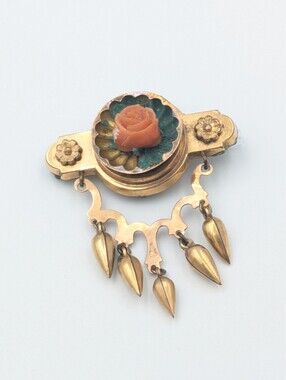 Antique Victorian carved coral rose dangle articulated brooch pin READ